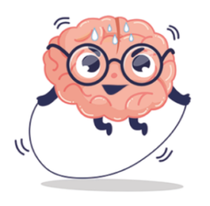 Symbolbild. Comicstyle: Gehirn beim Seilspringen, fröhlich und schwitzend.